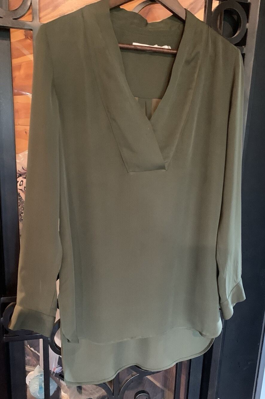 Marie Oliver Martha Blouse 100% Silk Olive Green V-Neck Size M